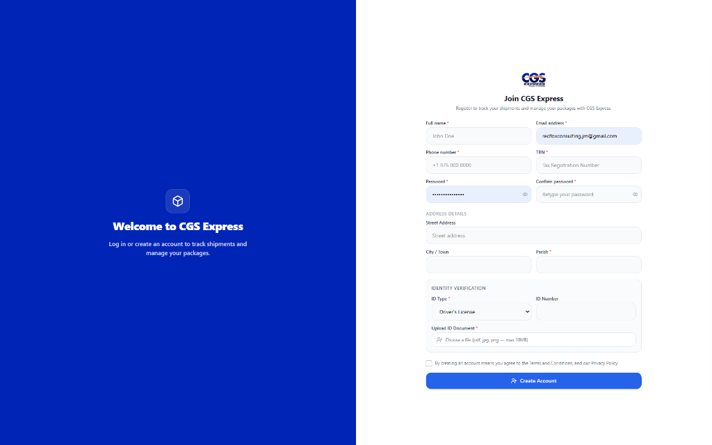 CGS Express customer onboarding and registration